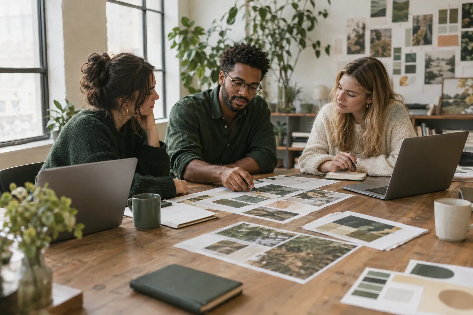 A small agency team reviewing client plans around a wooden table