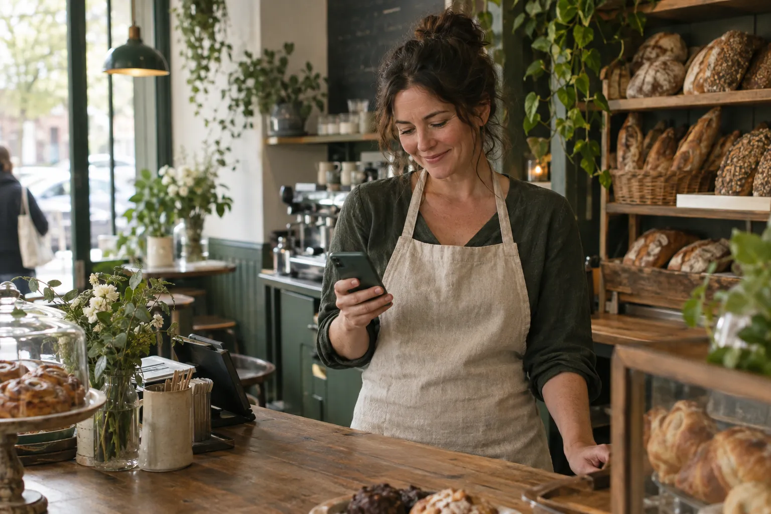 A bakery owner behind her counter, smiling at her phone