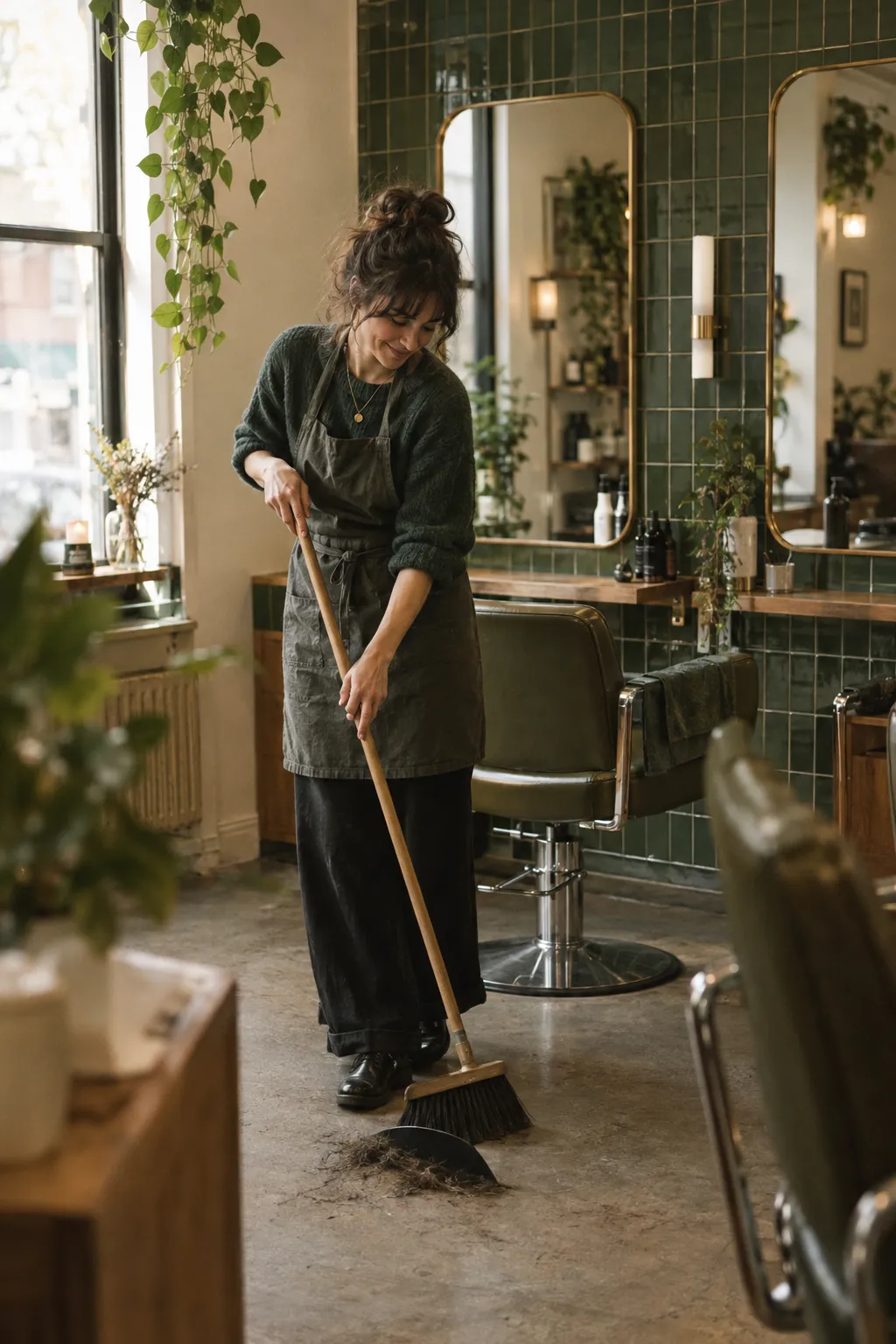 A salon owner sweeping up at the end of the day in her green-tiled salon