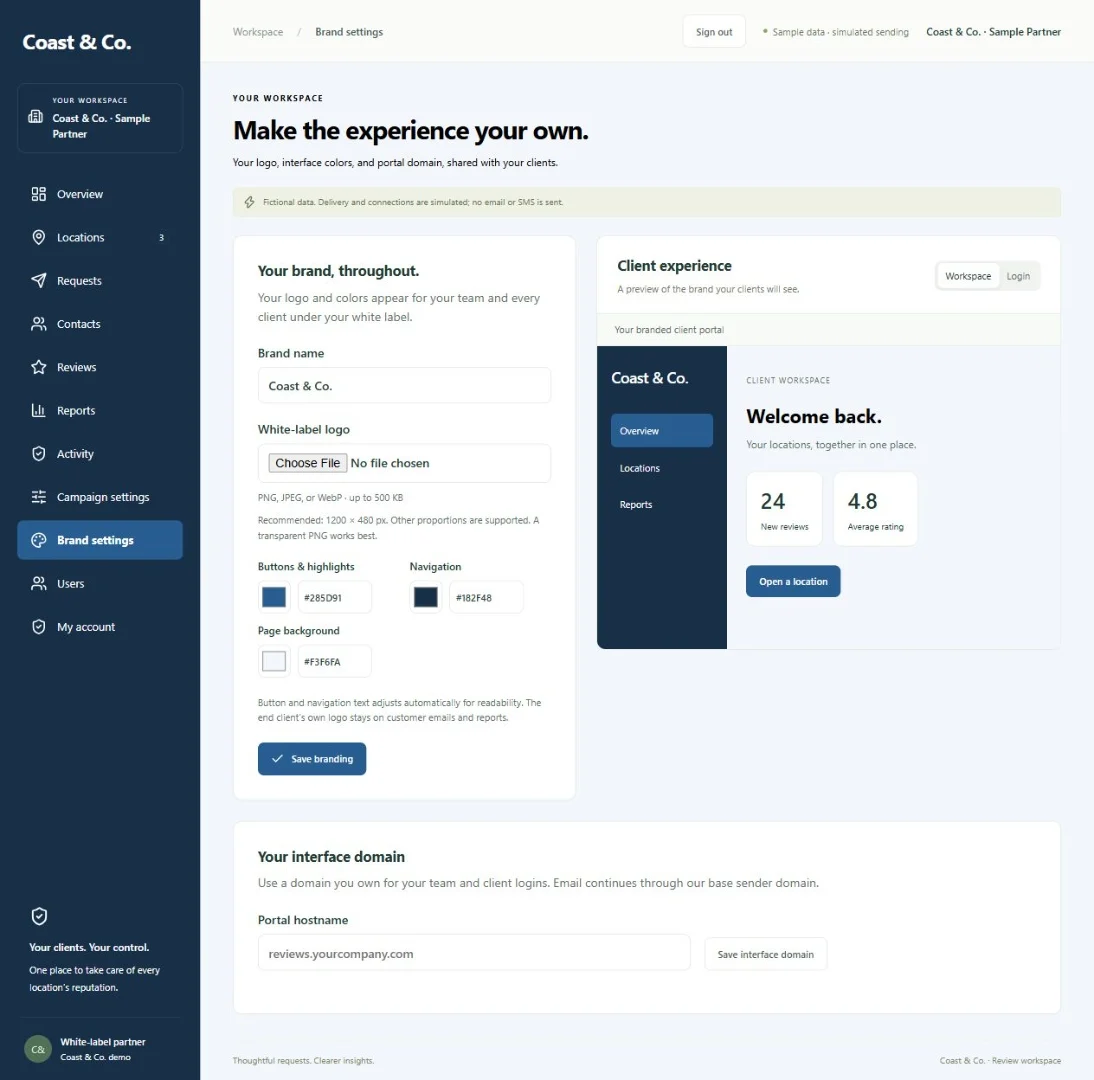 Brand settings screen showing brand name, logo upload, interface colors, a client experience preview, and a portal hostname field